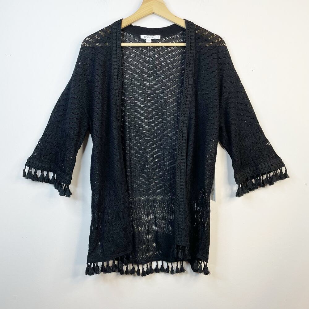 Chicos Tassel Trim Crochet Open Black Boho Cardigan Sweater Lightweight 0 S new